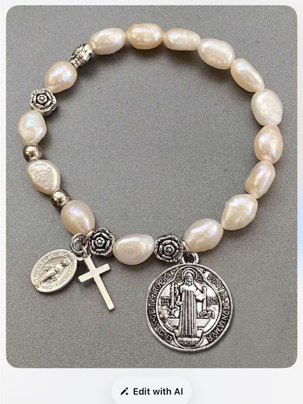 Pearl and Silver Religious Charm Bracelet - White Pearls